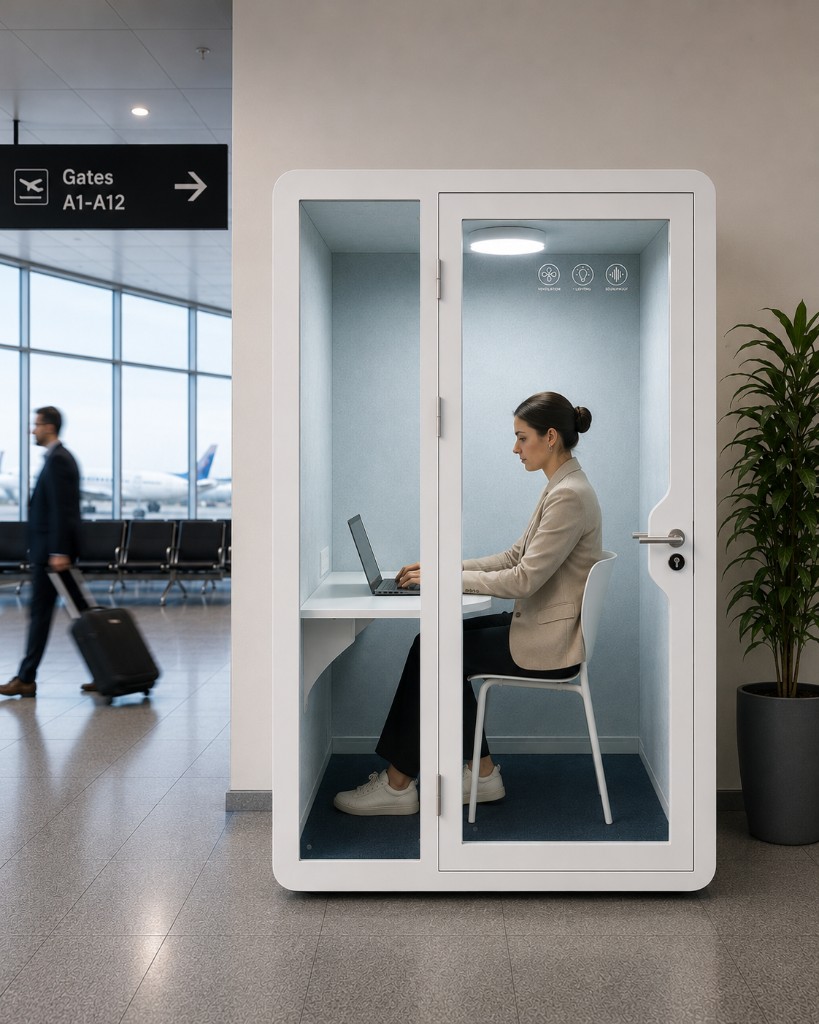 CallPod privacy pod in an airport terminal — a person working on a laptop inside a glass-fronted booth